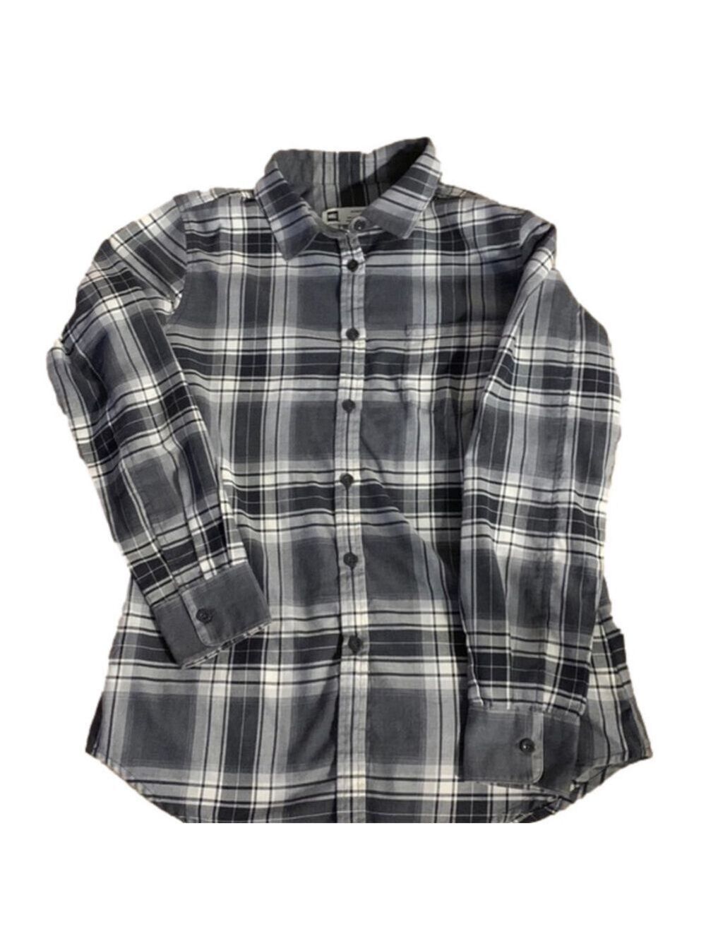 MEC grey, white and black plaid button up shirt medium